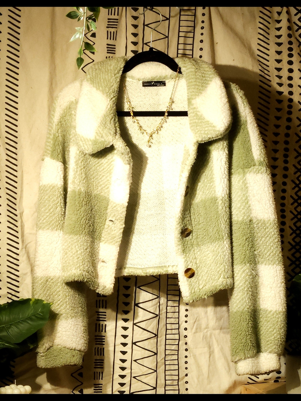 Plush Checkered Teddy Jacket in Sage & Cream